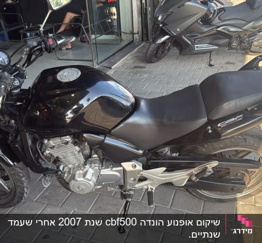 אופנוע שחור חונה על מדרכה ליד חנות